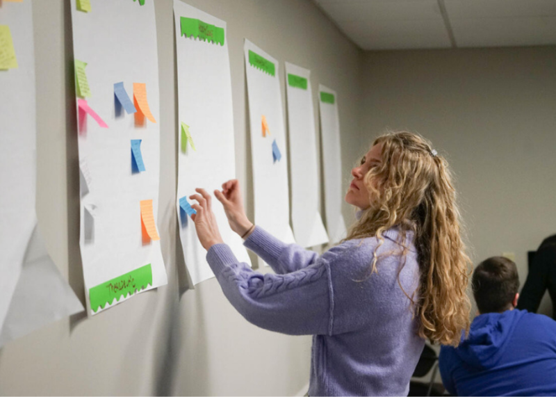 a student places sticky notes on a paper on the wall 