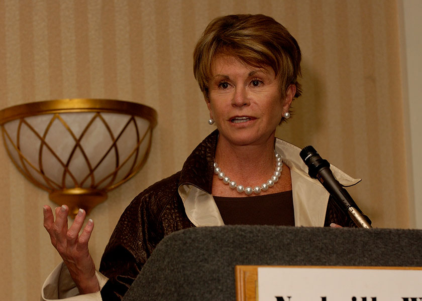 Vanderbilt dean Colleen Conway-Welch gestures as she gives a speech