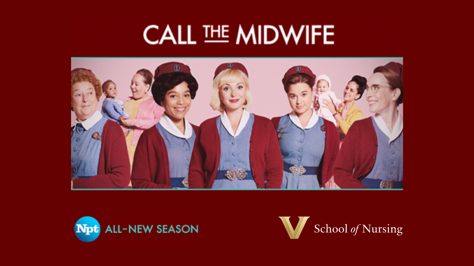 Call the Midwife, with group of people smiling, NPT logo and VUSN logo