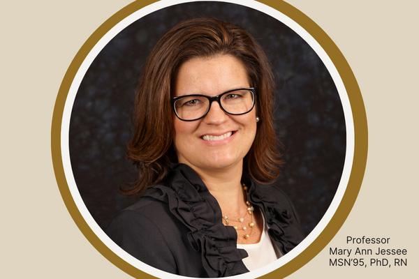 photo of person smiling in a circle, with text that reads: Professor Mary Ann Jessee MSN’95, PhD, RN