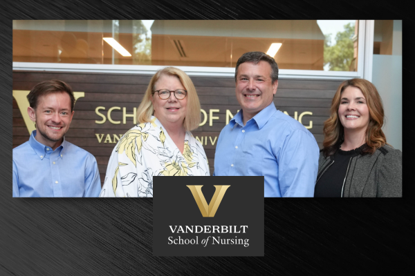 four people smiling, Vanderbilt Nursing logo