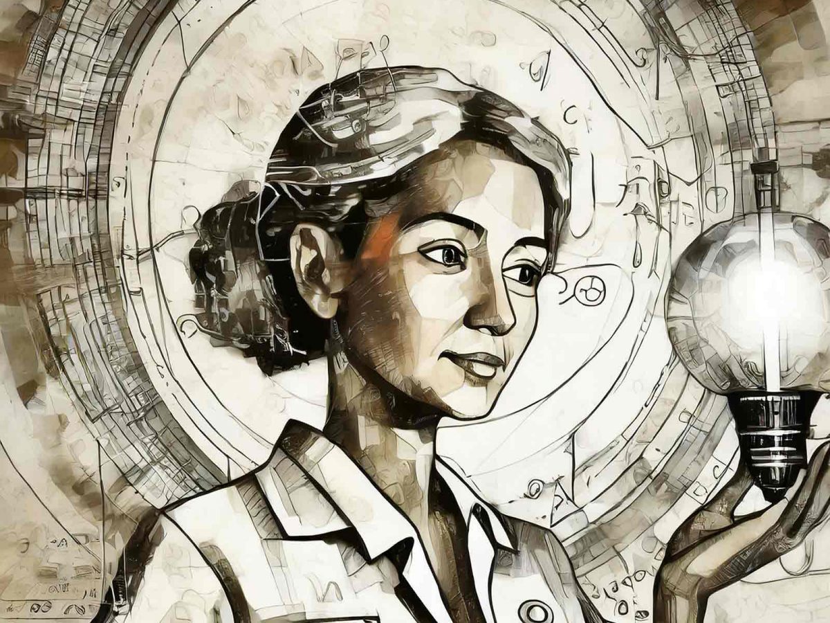 Sketch of woman in nurse uniform holding a lighted lightbulb. Schematics and calculations are on the backround behind her.